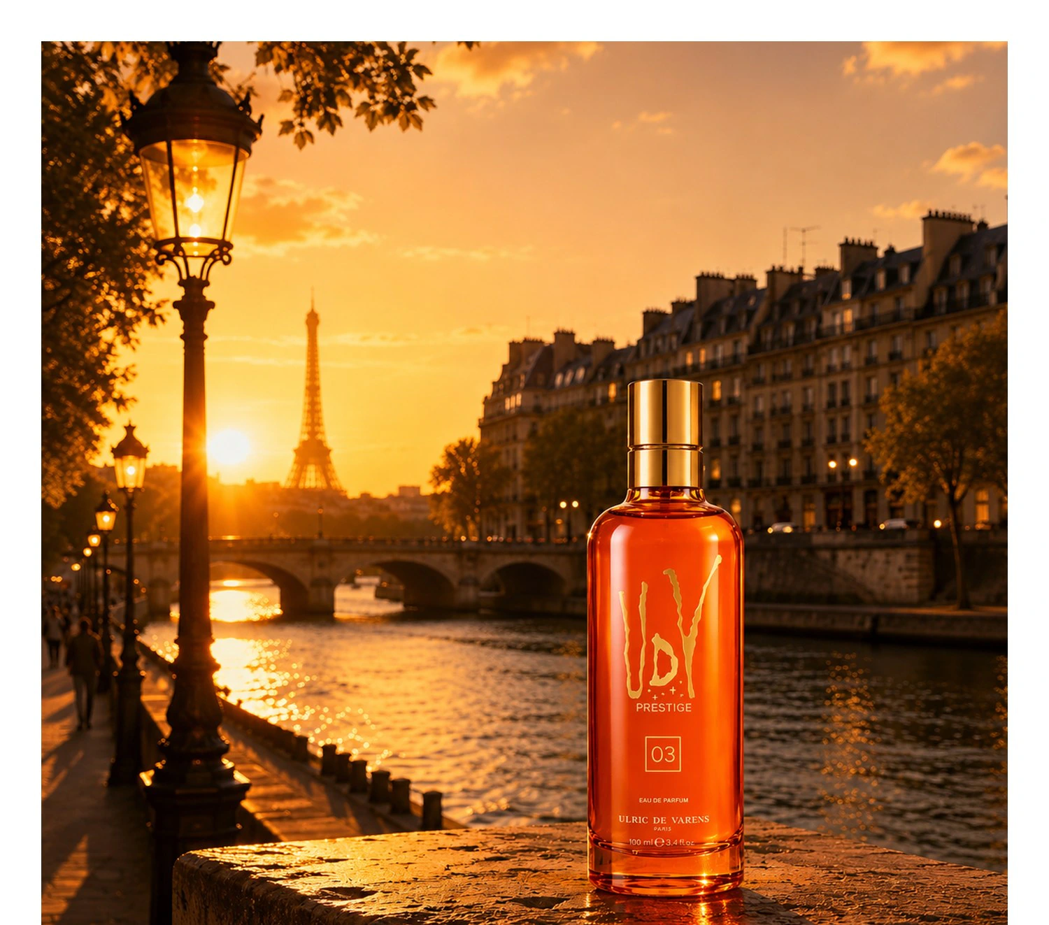 UDV Prestige 03 eau de parfum on a Seine parapet at golden hour, Eiffel Tower behind