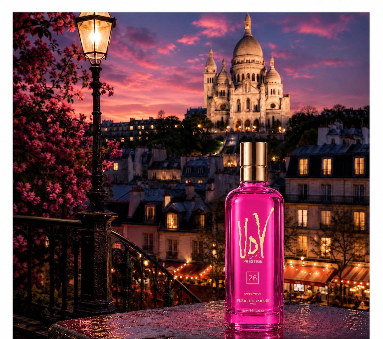 UDV Prestige eau de parfum in front of Sacré-Cœur at dusk