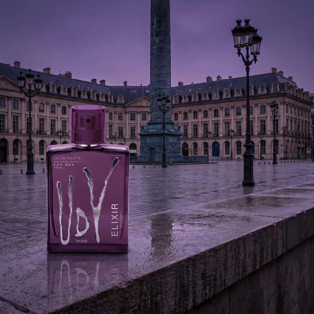 UDV Elixir eau de toilette against a Paris square at violet dusk.