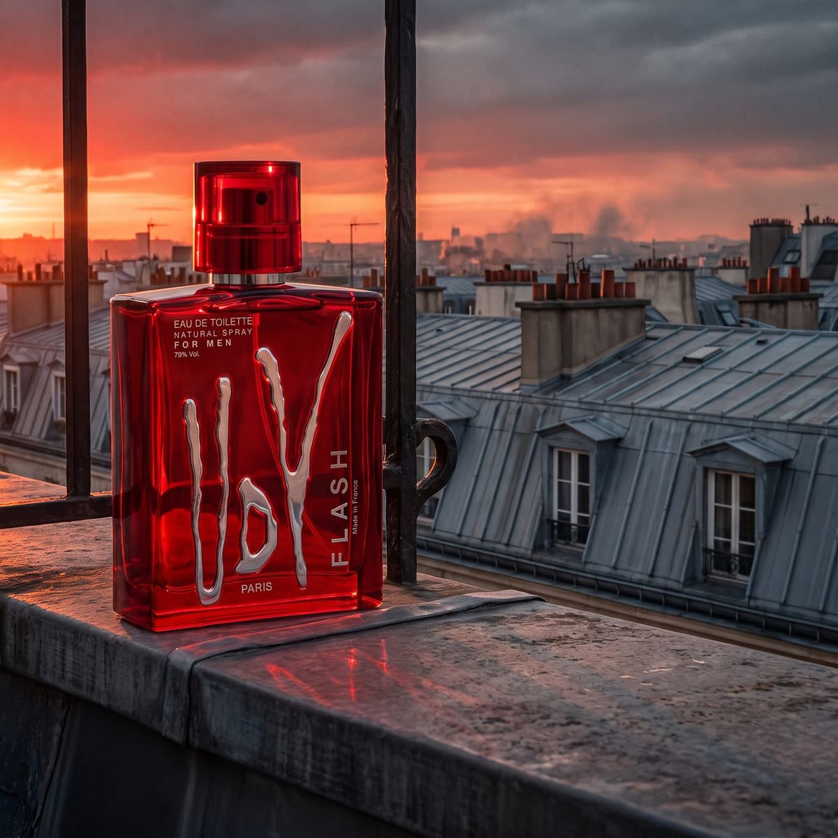 UDV Flash eau de toilette against the Paris rooftops at sunset.