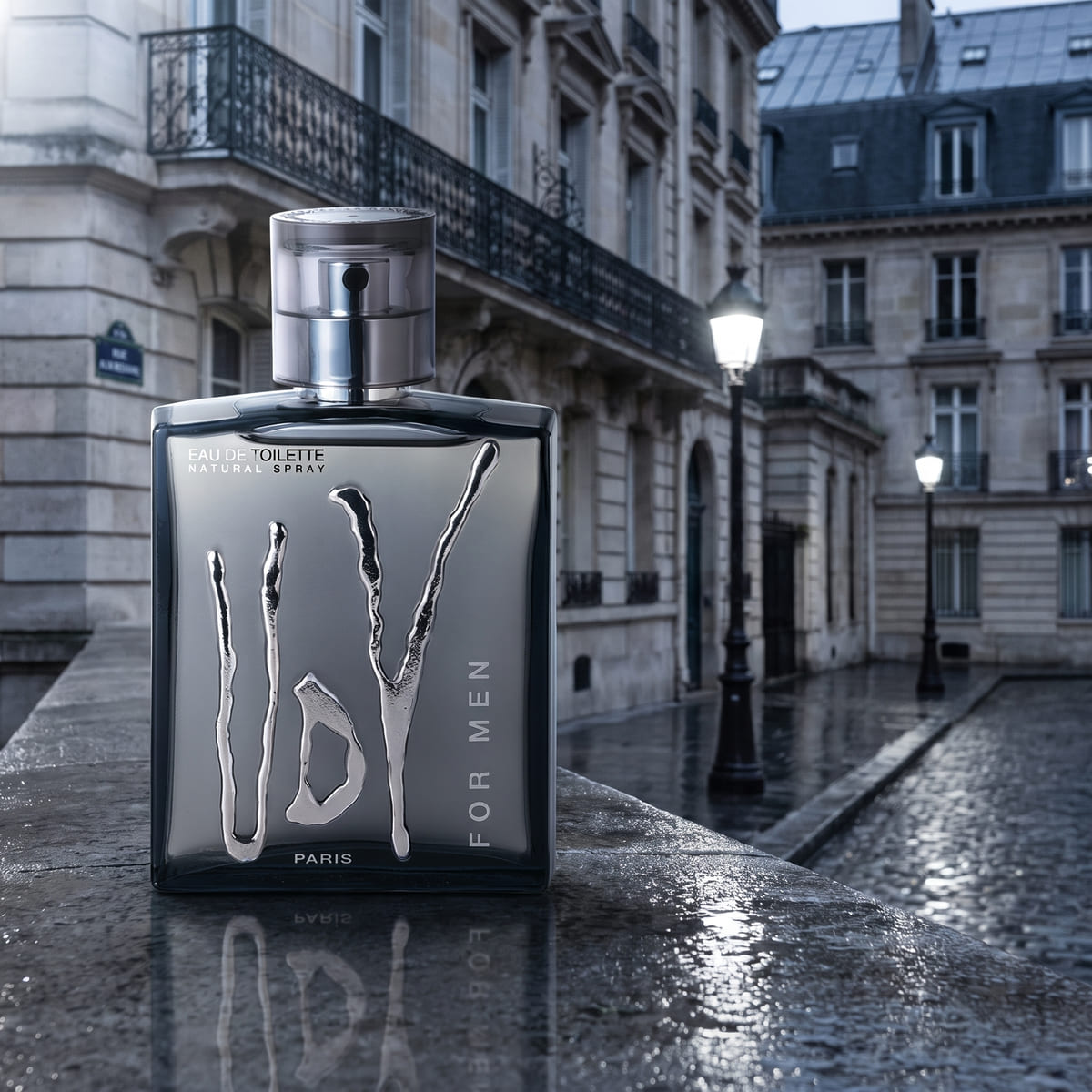 UDV For Men eau de toilette against a Paris street at night.