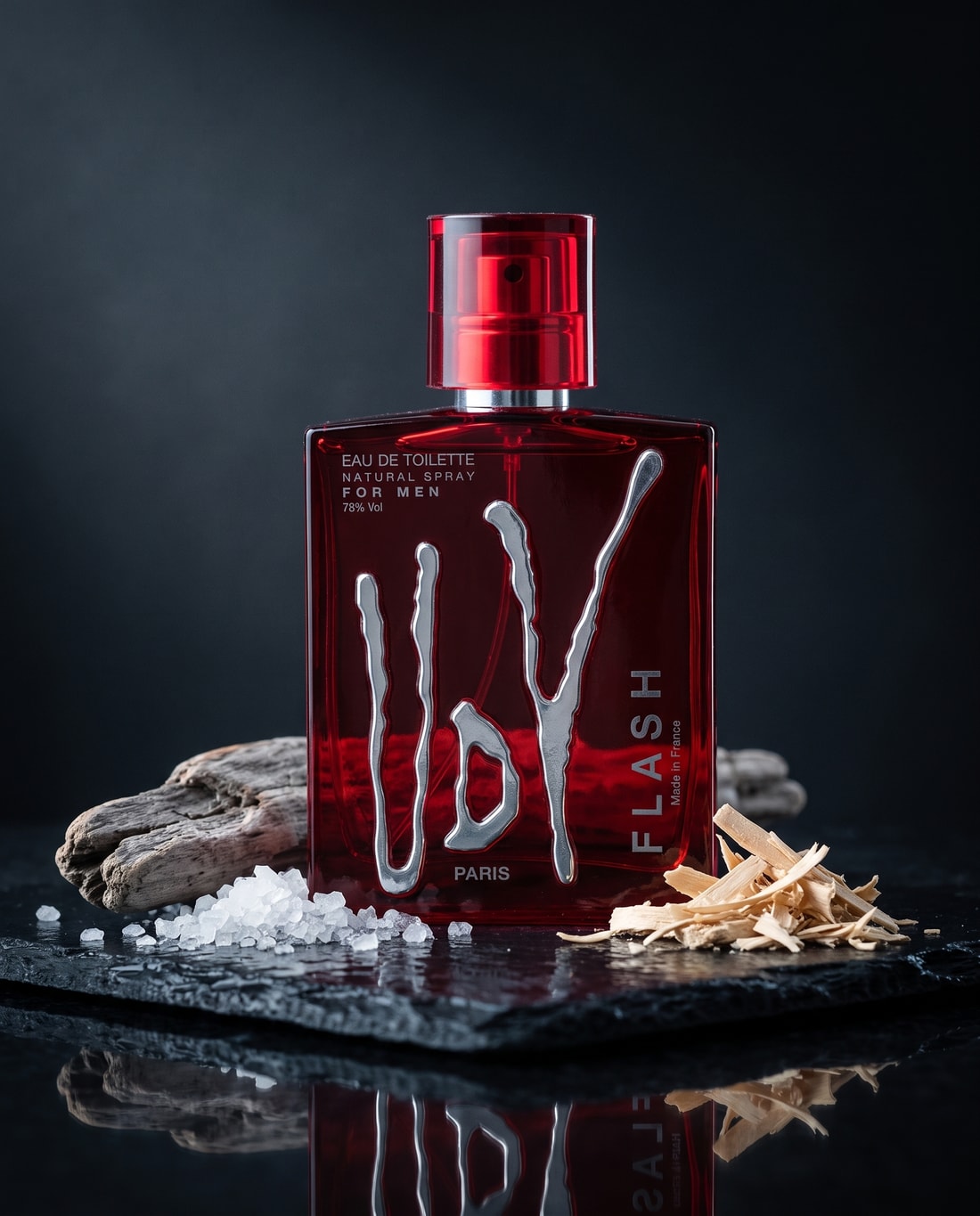 UDV Flash beside sea salt, driftwood and sandalwood shavings on wet slate.