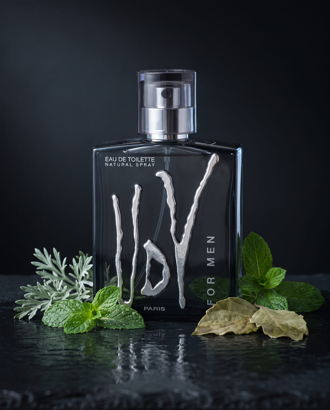 UDV For Men beside sprigs of mint, wormwood and patchouli leaves on wet slate.