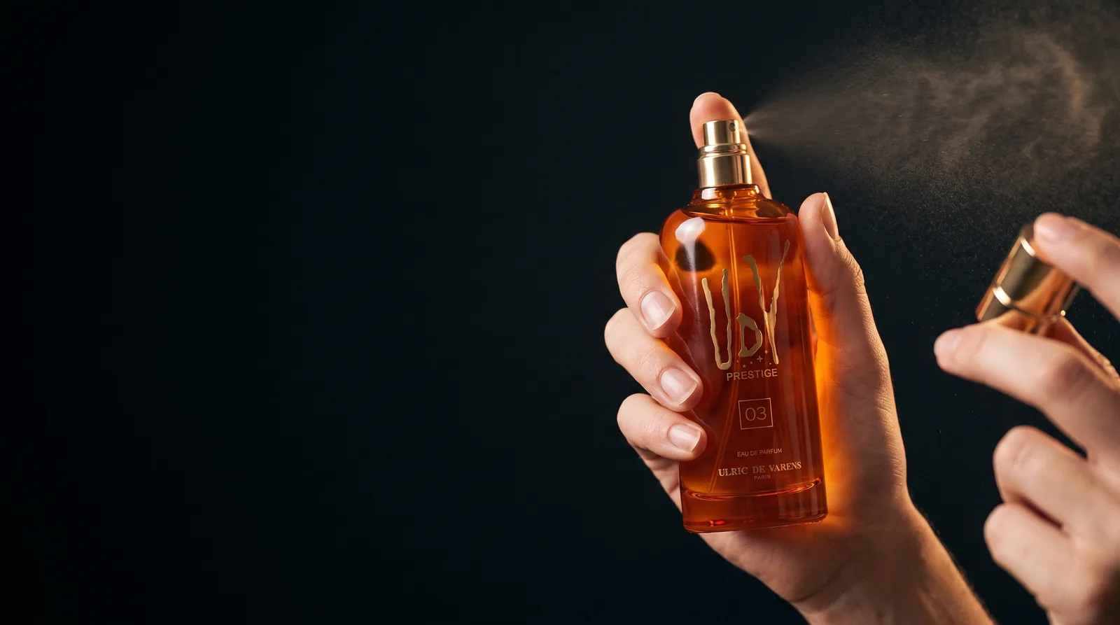 A hand holding the UDV Prestige 03 eau de parfum with its gold cap just lifted, a fine mist catching a shaft of light.
