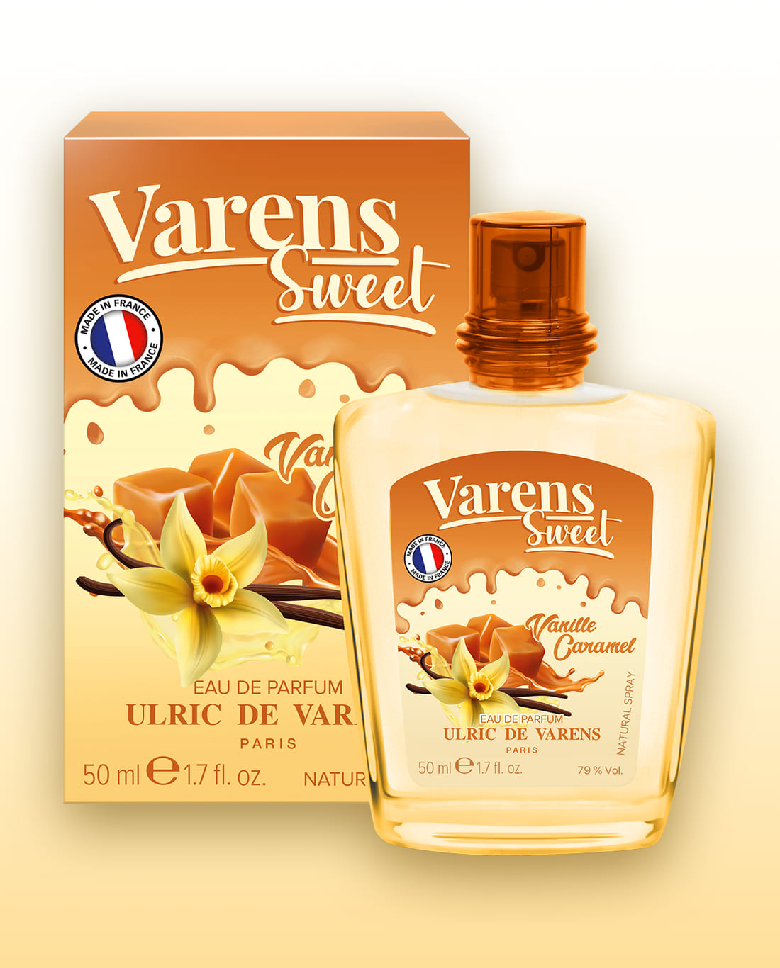 Varens Sweet Vanille Caramel eau de parfum beside its carton.