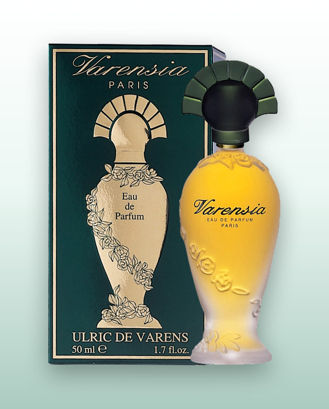 Varensia eau de parfum in a moulded flacon, beside its green and gold carton.
