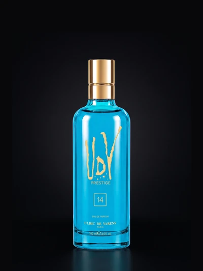 UDV Prestige 14, eau de parfum in cyan glass with a gold cap, 100 ml.