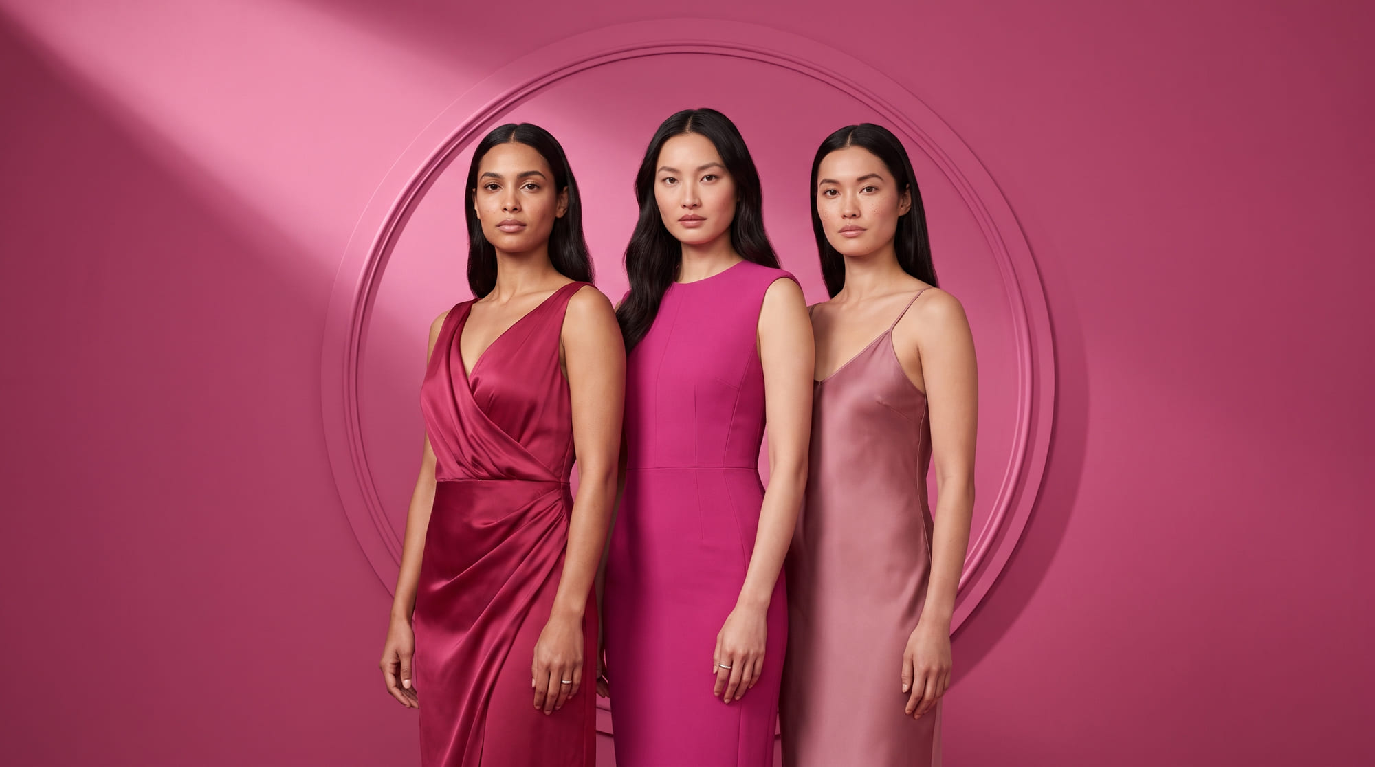 Three women in satin gowns against a magenta backdrop.